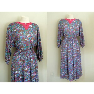 Vintage Diane Freis Skirt Set / 80&#39;s Boho Floral & Polka Dot Georgette Blouse and Midi Skirt / Raspberry Pink, Purple and Blue Floral