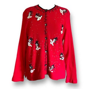 Vintage Y2k Susan Bristol Women&#39;s Christmas Cardigan / Size Medium Petite /  Red Embroidered Button Snowmen Waffle Knit Holiday Cardigan