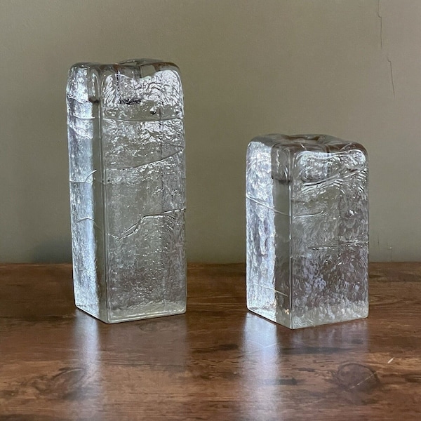 Vintage littala Finland Timo Sarpaneva Arkipelago Ice Block Art Glass Two Piece Candle Holder Set
