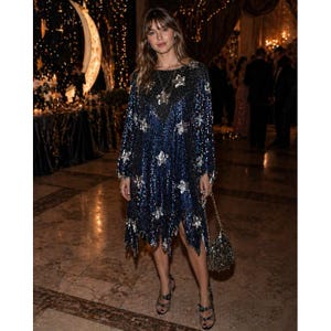 Vintage 1980's Celestial Sequin Dress / Size Large X-Large / Black & Silver Sequined Beaded Silk Boho Flapper Style Dress