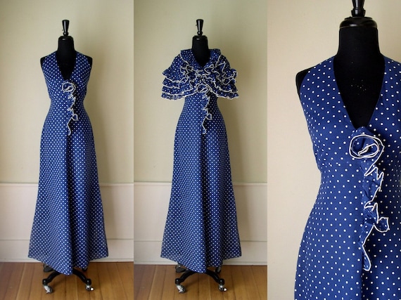 navy polka dot halter dress