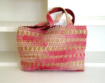 Vintage 1970's Festival Bag / Pink Crewel & Brown Burlap Tote Bag / Vintage Handbag Purse