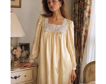 Vintage Christian Dior Women's Nightgown / Yellow Satin & Lace Gown / Vintage Lingerie