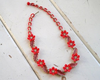 Vintage 1950's Poinsetta Necklace / 50's Red Floral Celluloid Necklace / Rhinestone Sparkle Red & Gold Enamel Leaf Necklace