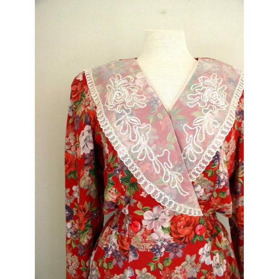 Vintage 90's Cottagecore Dress / Chaus Red Rayon … - image 5