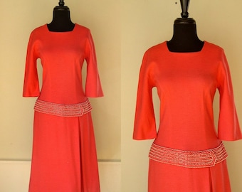 Vintage 1950's Marion McCoy Dress / 50's Coral Wool Dress / New Look Cocktail Dress with Beaded Drop Waist