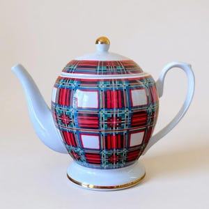 Vintage Willams Sonoma Stuart Dress Tartan Teapot / White, Red & Gold Holiday Tea Pot / 4 Cup Capacity / Made in Japan / Vintage Coffee Pot
