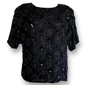 Vintage 1980’s Women’s Black Silk Sequin Beaded Top /  Size  Medium / 80’s Disco / Vintage Trophy Top / NYE New Year’s Eve Fashion