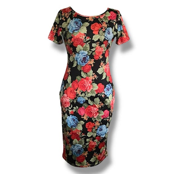 Y2k Vintage 90's Vivienne Vivienne Tam Dress / Size Large Petite / Cabbage Rose Floral Bodycon Dress