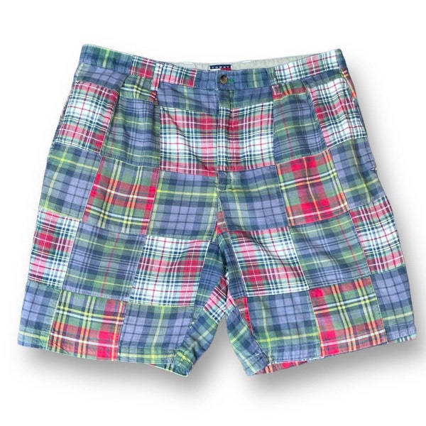 Vintage 90's Tommy Hilfiger Men's Madras Plaid Patchwork Shorts / Size 38 / Preppy Dad Shorts