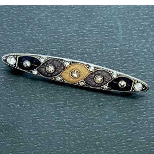 Vintage 1970&#39;s Pierre Bex Art Deco Revival Brooch / Black & Gold Enamel Rhinestone Bar Pin