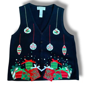 Vintage 90&#39;s Women&#39;s Christmas Sweater Vest / Size Large / Tiara International Beaded Ugly Christmas Sweater Party Vest
