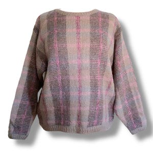 Vintage 1980’s Lise J Women’s Sweater / Size Medium Large / Taupe & Purple Plaid Mohair Woven Pullover