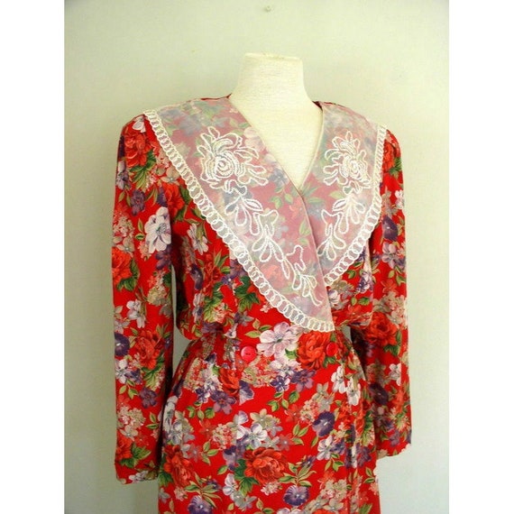 Vintage 90's Cottagecore Dress / Chaus Red Rayon … - image 9