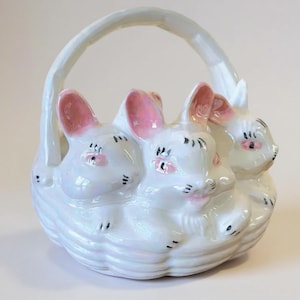 Vintage Atlantic Mold Ceramic Easter Basket / Iridescent Bunny Rabbit Candy Dish / Easter Decor