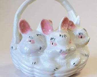 Cesta de Pascua de cerámica vintage con forma de conejito atlántico, plato para dulces iridiscente, decoración de Pascua