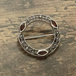 Vintage Sterling Silver Circle Pin / Marquise Cut Garnet & Marcasite Brooch / Art Deco Style Jewelry