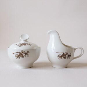 Vintage des années 1950 Stetson Marcrest Misty Pine Creamer & Sugar Bowl Set / Vaisselle du milieu du siècle / Motif pomme de pin / Bar à café vintage