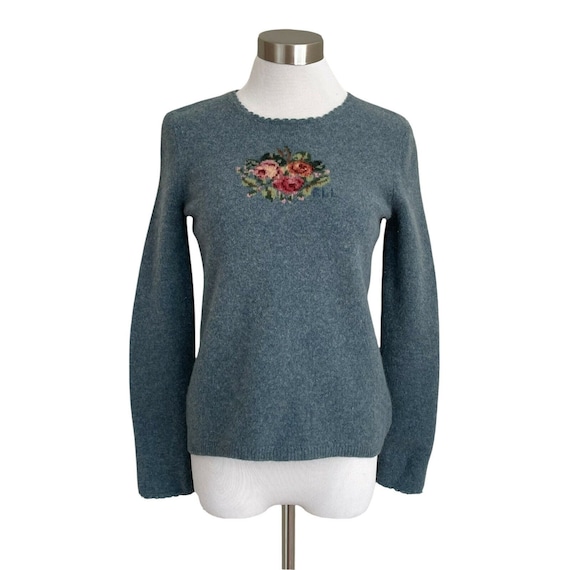 Vintage Ralph Lauren Womens Floral Lambswool Sweater Blue Cross