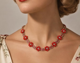 Vintage julstjärnehalsband från 1950-talet / halsband med rött blommigt celluloid från 50-talet / halsband med strass, gnistrande rött och guldfärgat emaljblad