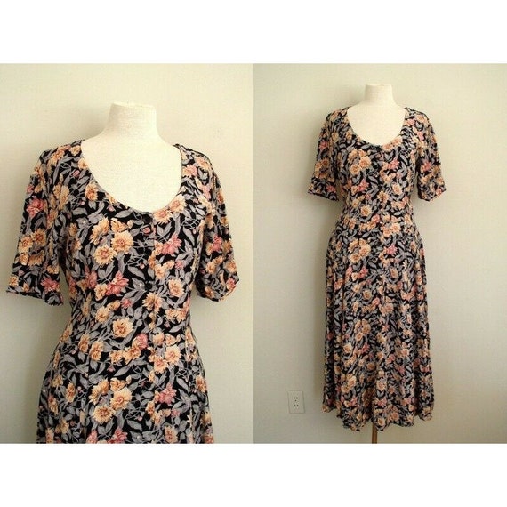 Vintage 90's Starina Dress / Black Floral Cottagec