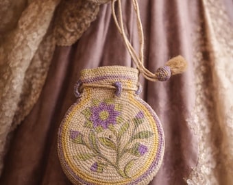 Antique 1800's Victorian Floral Purse / Vintage Woven Straw Reticule