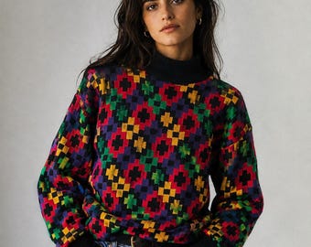 Vintage tuniektrui voor dames uit de jaren 90 / Maat S / Rafaella kleurrijke trui met pixelbloemenprint
