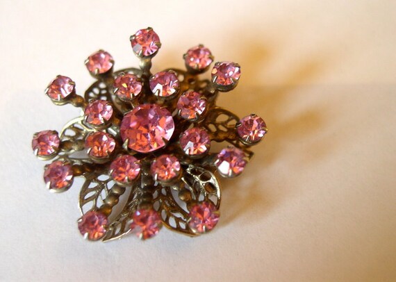 Vintage 1950's Brooch / 50's Pink Rhinestone Flor… - image 4