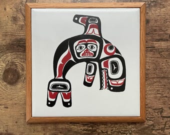 Vintage Paul Lewing Framed Art Tile / Killer Whale / First Nations Pacific Northwest Indigenous Art / Vintage Trivet