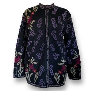 Vintage 90’s Nordic Design Women’s Cardigan / Size Medium / Black Wool Floral Embroidered Sweater