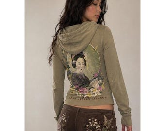 Felpa con cappuccio da donna Lucky Brand stile anni 2000 / Taglia media / Design floreale asiatico con geisha di Kyoto