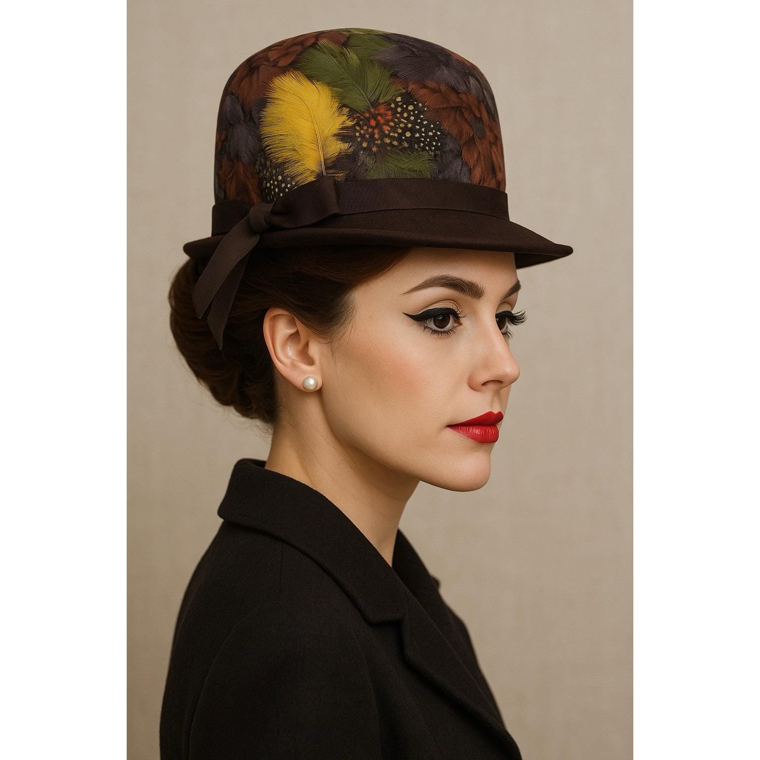 Vintage 1960s Women”s Fedora Style Hat Vintage Dark Blue Wide Brim Hat, Straw with Big Flower  main image 3