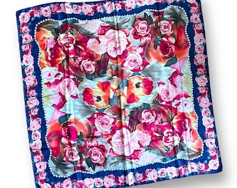 Vintage Silk Scarf / Blue, Red & Pink Colorway / Square Scarf / Rose Watercolor Floral with Pearl Border