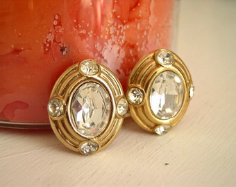 Vintage 1980's Donald Stannard Earrings/80's Runway Statement Designer Signed Costume Jewelry/Rhinestone & Gold Tone Chunky Clip On Earrings