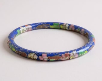 ヴィンテージ中国製ダークブルーホワイト七宝焼き花バングル