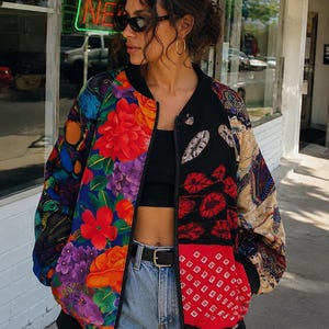 Vintage Jams World Bomber Jacket / Mens Or Womens gender Neutral Free Size /  Patchwork Floral Hawaiian Jacket