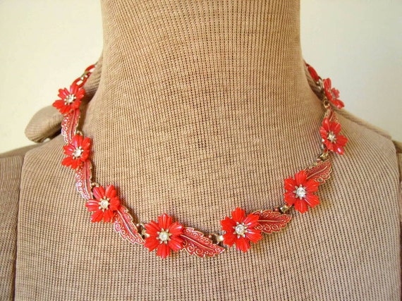 Vintage 1950's Poinsetta Necklace / 50's Red Flor… - image 5