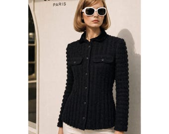 Vintage 1970er Courreges Paris Jacke / Größe C US Medium Large / Schwarzer Boucle Wollblazer / Vintage French Fashion