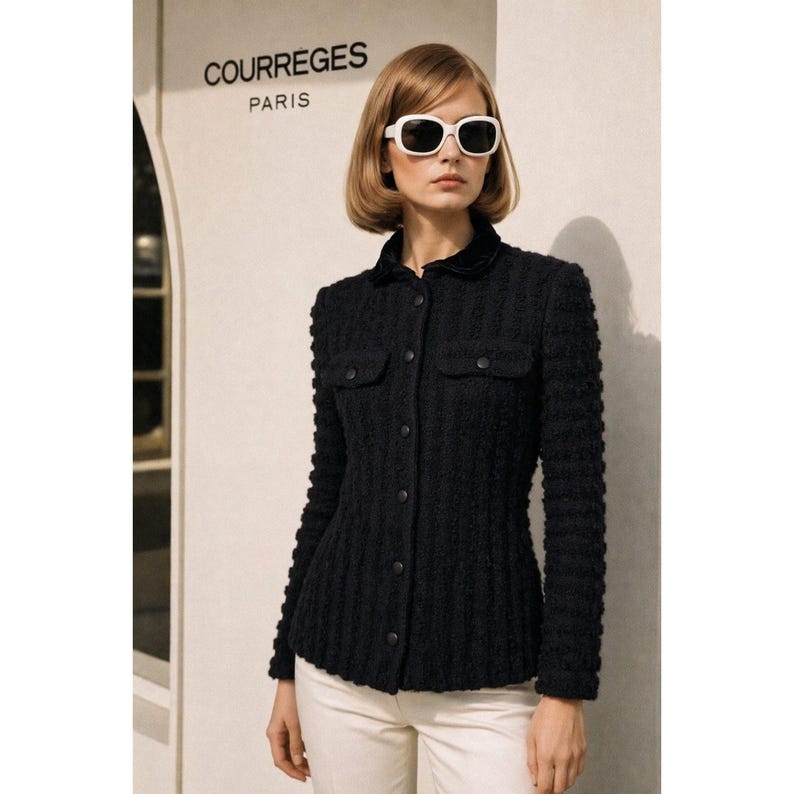 May include: Black textured jacket with two chest pockets and a button-up front. The jacket is paired with white pants. The brand name "COURR&Egrave;GES PARIS" is visible in the background. The model is wearing white sunglasses.