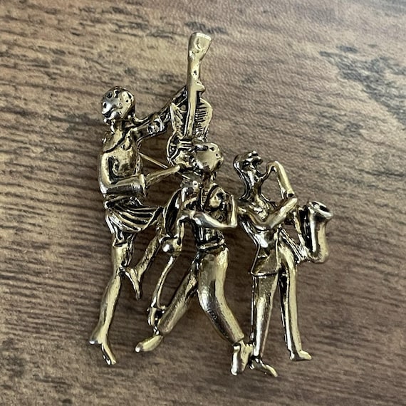 Vintage Jazz Band Motown Musicians Brooch / Gold Tone Figural Pin / Music Festival Mardi Gras / Vintage Costume Jewelry