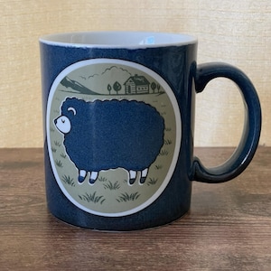 Vintage Otagiri Japan Mug / Blue Stoneware Coffee Cup / 80s Cottagecore Sheep Farm Scene Mug