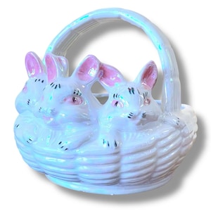 Vintage Atlantic Mold Ceramic Easter Basket / Iridescent Bunny Rabbit Candy Dish / Easter Decor