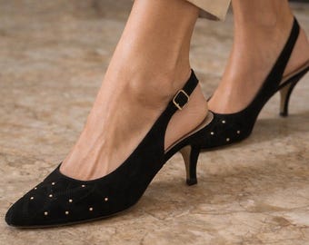 Vintage 1980's Bruno Magli Women's Slingback Heels / Size 7 AA / Black Leather Studded Luxury Designer Pumps