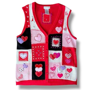 Vintage 90&#39;s Women&#39;s Valentine&#39;s Day Vest / Size Medium / Red & Pink Hearts Sequins Beaded Novelty Sweater Vest