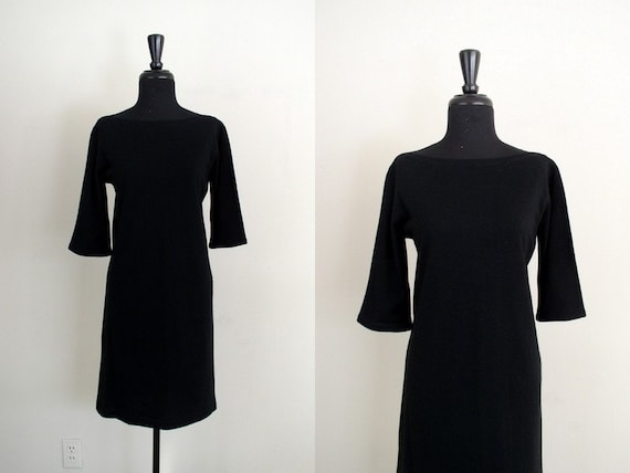 Vintage 1980's Black Wool Dress / 80's Minimalist