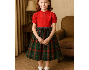 Vestido vintage de niña Little Star, años 50, talla 10, cuello Peter Pan a cuadros rojos y verdes