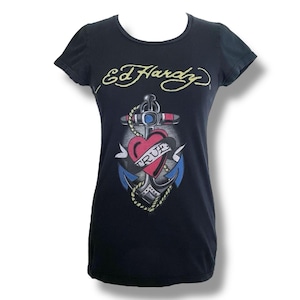 Y2k Vintage Ed Hardy Women’s T-shirt / Size Small / Black Longline Tee / Heart & Anchor Tattoo Art