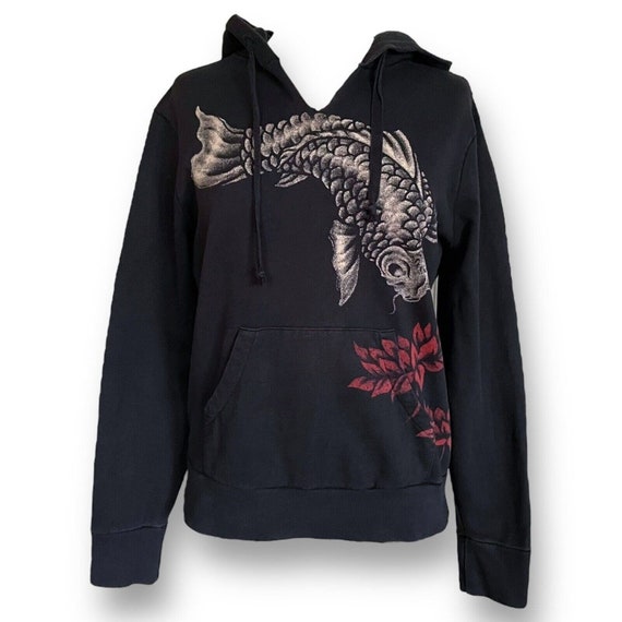Y2K Vintage Lucky Brand Womens Hoodie /black & Red Koi Fish Floral  Sweatshirt 