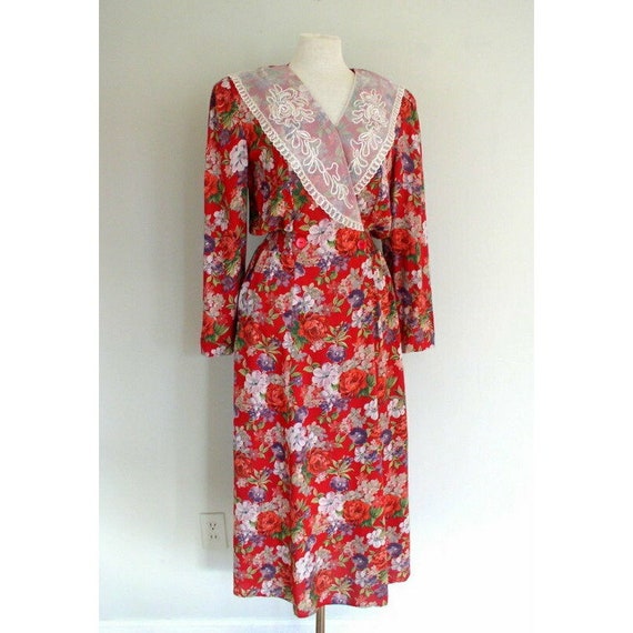Vintage 90's Cottagecore Dress / Chaus Red Rayon … - image 8