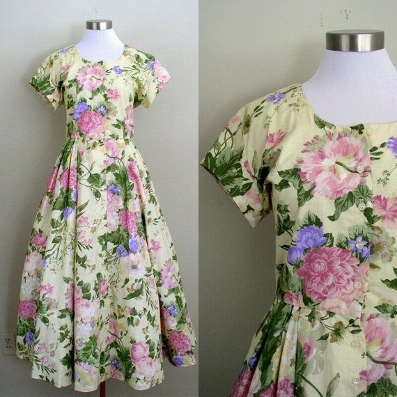 SmallMedium Vintage 60/'s Sleeveless Blue /& Green Saturated Cabbage Rose Floral Dress with Bubble Hem Skirt and Big Waist Bow by Rosenfeld